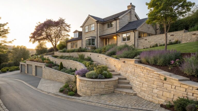 Curved beige stone retaining walls terracing a sloped front yard with layered plants including lavender and grasses, a winding gravel path, and a contemporary house above.