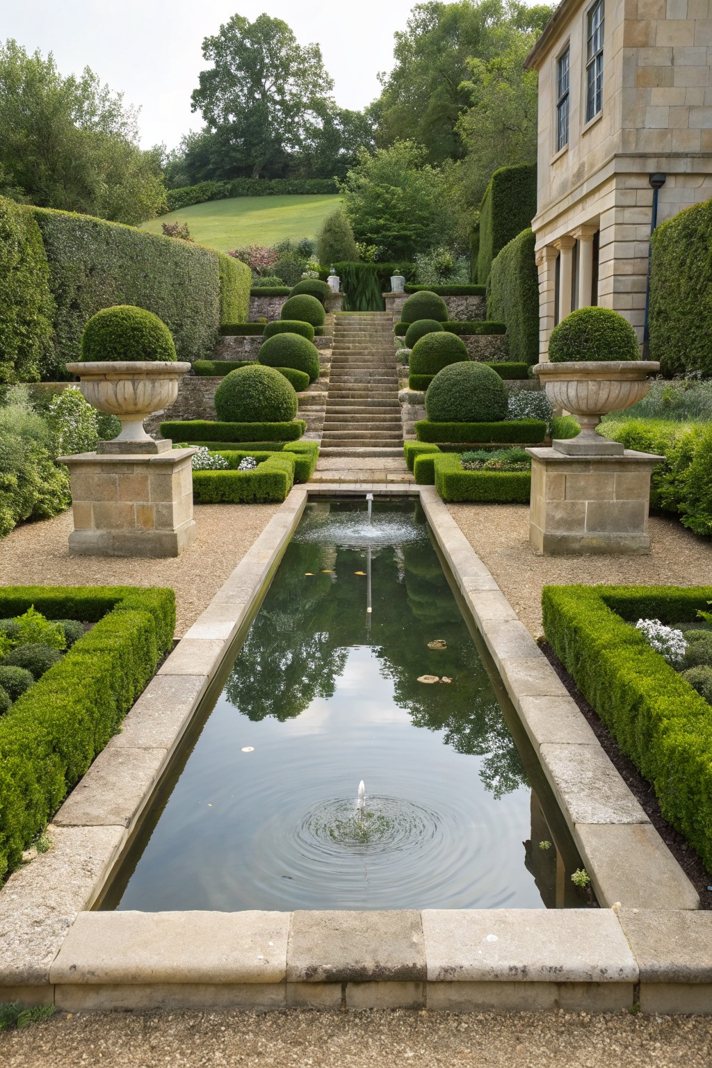 Symmetrical stone steps ascend a sloped formal garden flanked by boxwood hedges and topiaries, with a central rectangular reflecting pool containing a fountain and flanked by stone pedestals with urns, leading to a pale stone house.