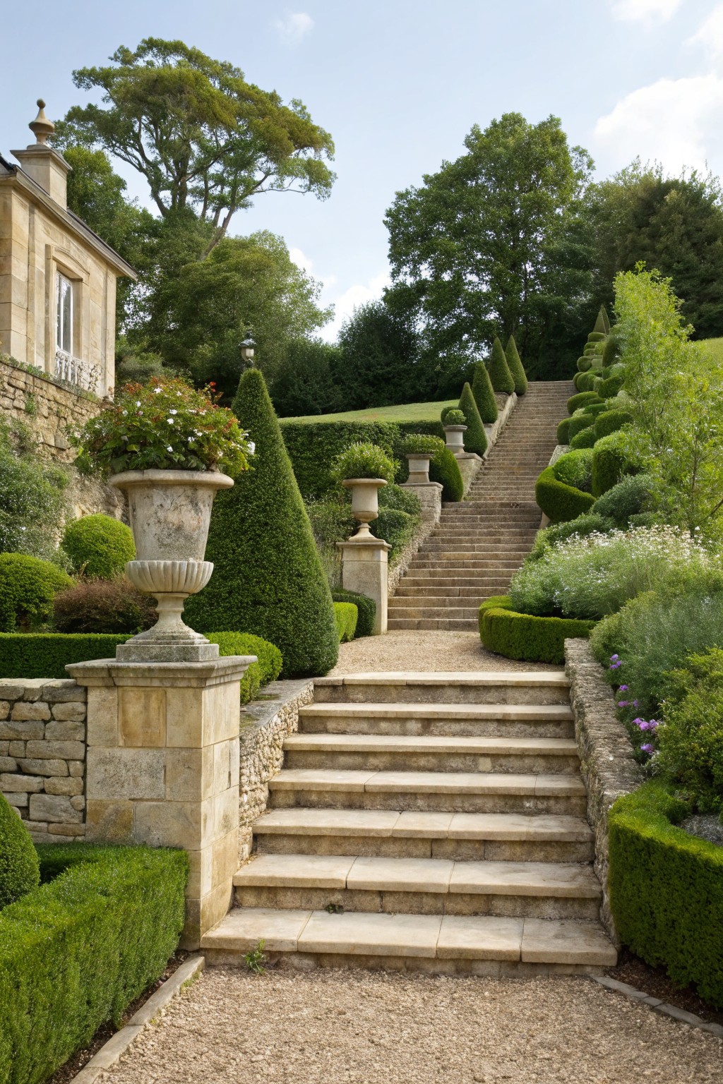 Wide stone stairs ascend a grassy slope lined with conical topiary trees, round boxwood hedges, stone urns planted with flowers, low walls, and a stone building visible on the left.