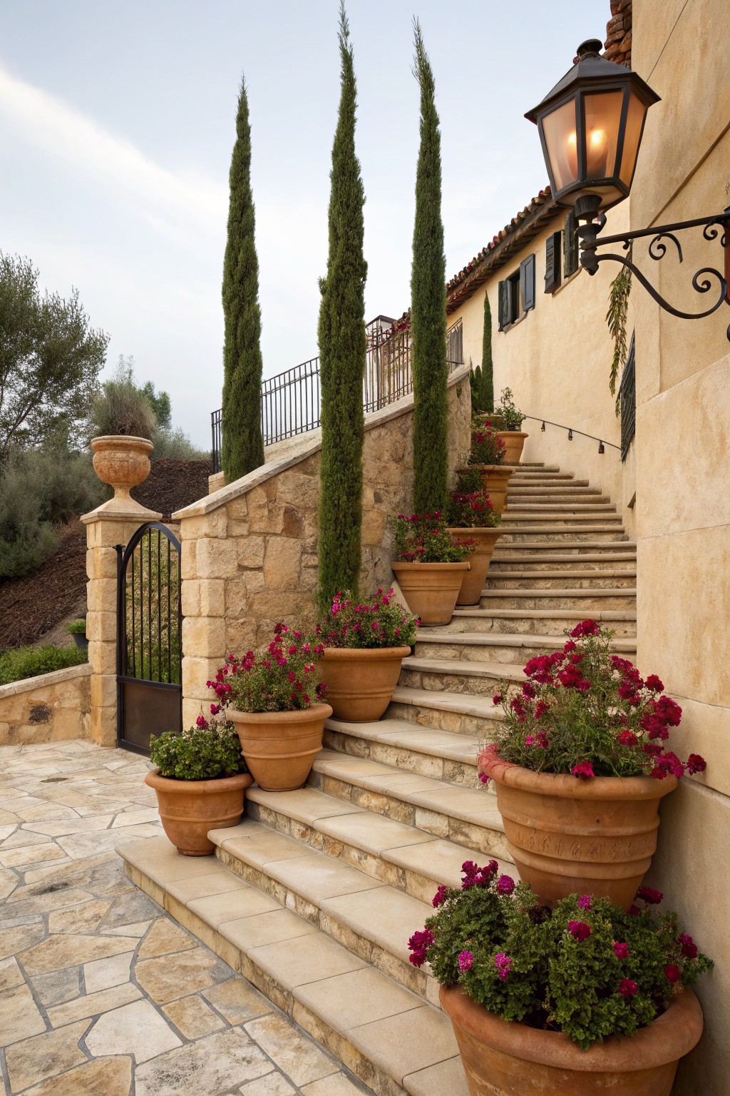 Sloped stone staircase leading to a house, lined with large terracotta pots of pink flowers, flanked by tall cypress trees, stone walls, and a wrought iron gate with a lantern light.