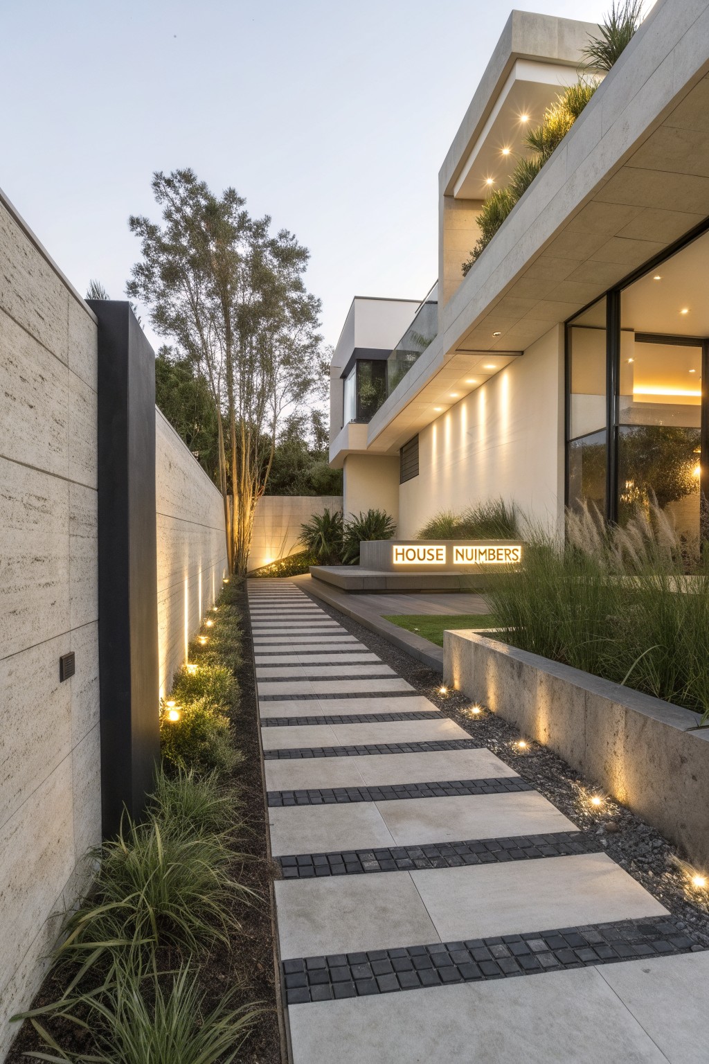 Contemporary house facade with a linear stone pathway featuring light and dark pavers, flanked by plants, walls, and integrated ground lights leading to an entrance bench with house numbers.