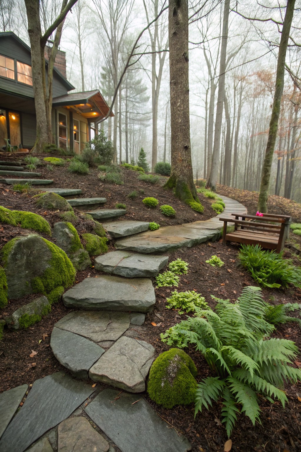 Sloped yard with irregular gray flagstone steps winding through moss-covered boulders, green ferns, and plants, beside a wooden bench and path near a dark-shingled house amid bare trees in mist.