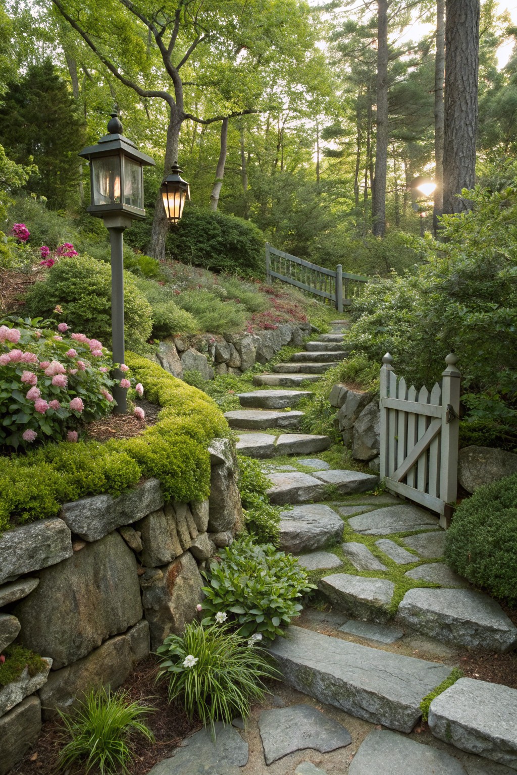 A winding path of irregular gray stone steps ascending a green sloped hillside, flanked by mossy stone walls, pink hydrangeas, green shrubs, lanterns on posts, and a white picket gate near the top amid trees.