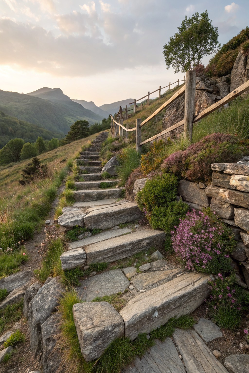 Irregular flat stone steps ascending a grassy hillside edged with plants, rocks, and a wooden fence, with mountains in the background under a partly cloudy sky.