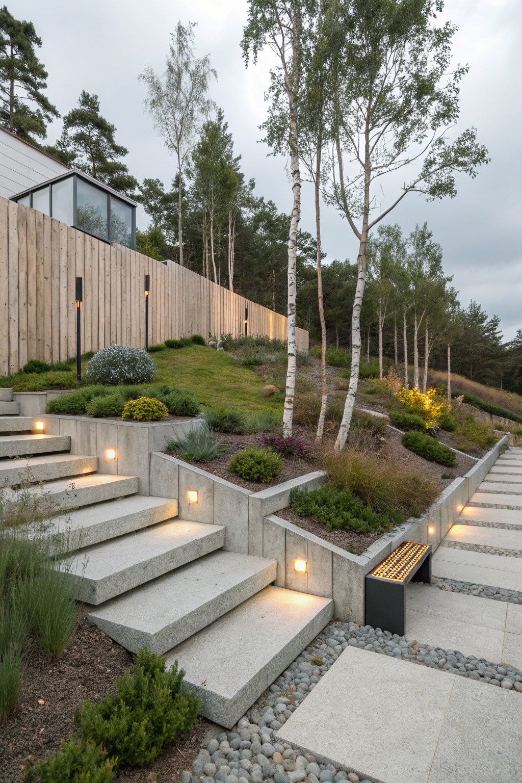Sloped front yard landscape with wide concrete steps featuring recessed wall lights, terraced retaining walls planted with shrubs and grasses, birch trees, a wooden fence, and a bench beside a stone path.