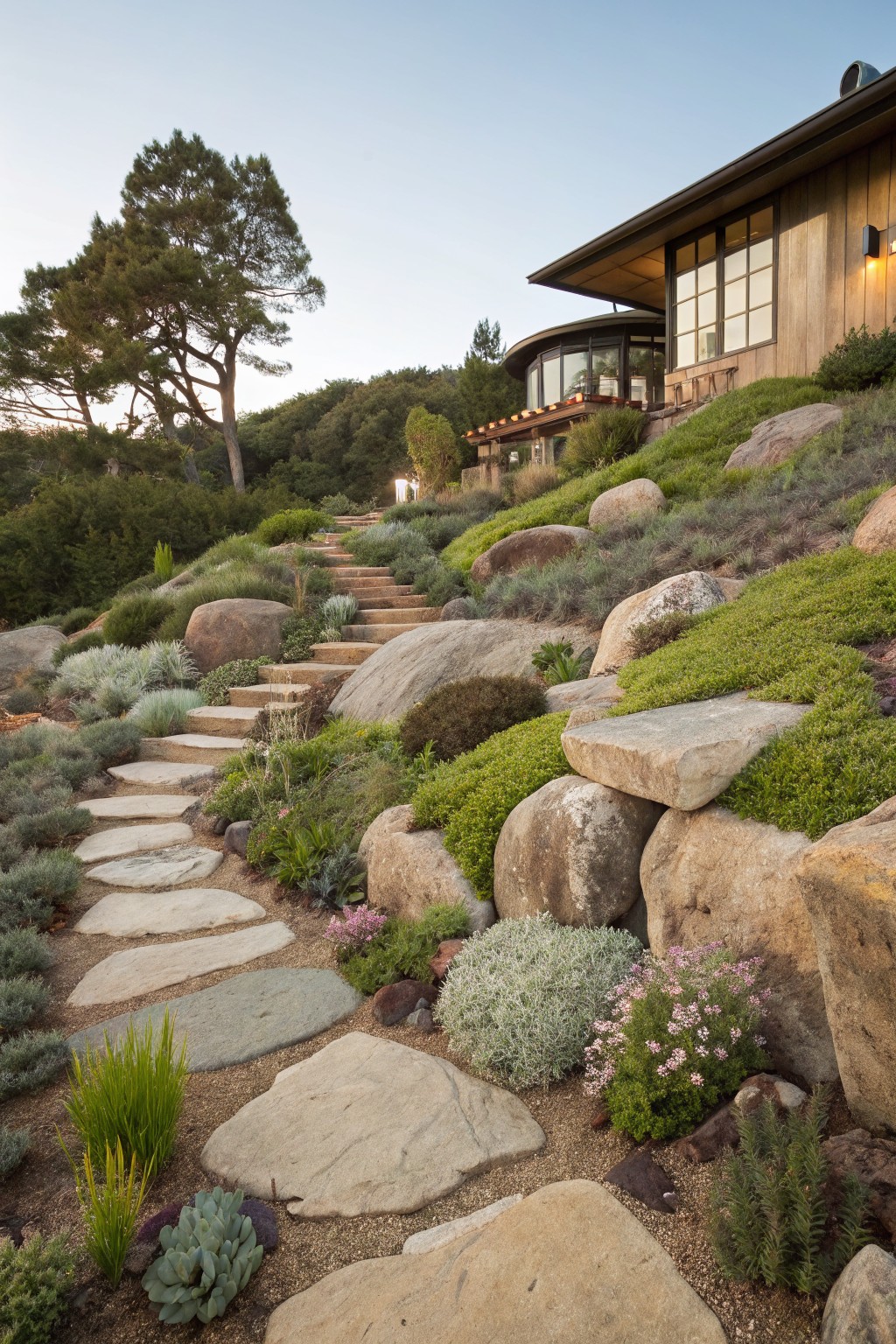 A winding path of large irregular flat stones ascends a sloped yard planted with grasses, succulents, and shrubs amid boulders, leading toward a wooden house.