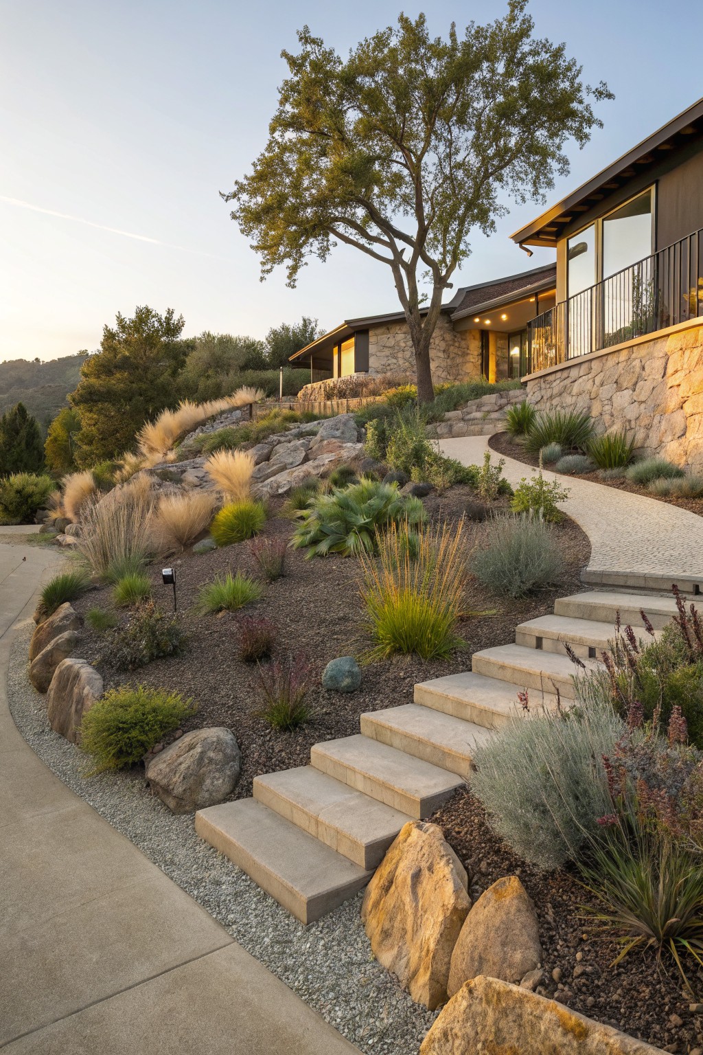 Sloped front yard with large boulders, drought-tolerant grasses and shrubs, a winding gravel path, concrete steps, and stone retaining walls leading to a modern house.