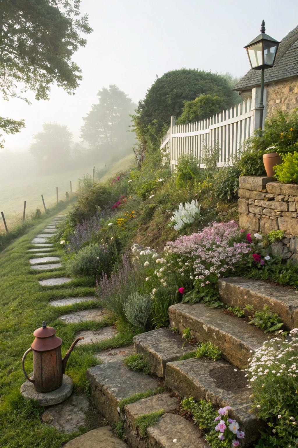 Misty sloped garden path with irregular stone steps, flat stepping stones through grass, terraced beds overflowing with colorful flowers and plants, white picket fence, stone retaining walls, copper lantern on stone building, and red watering can on a base.