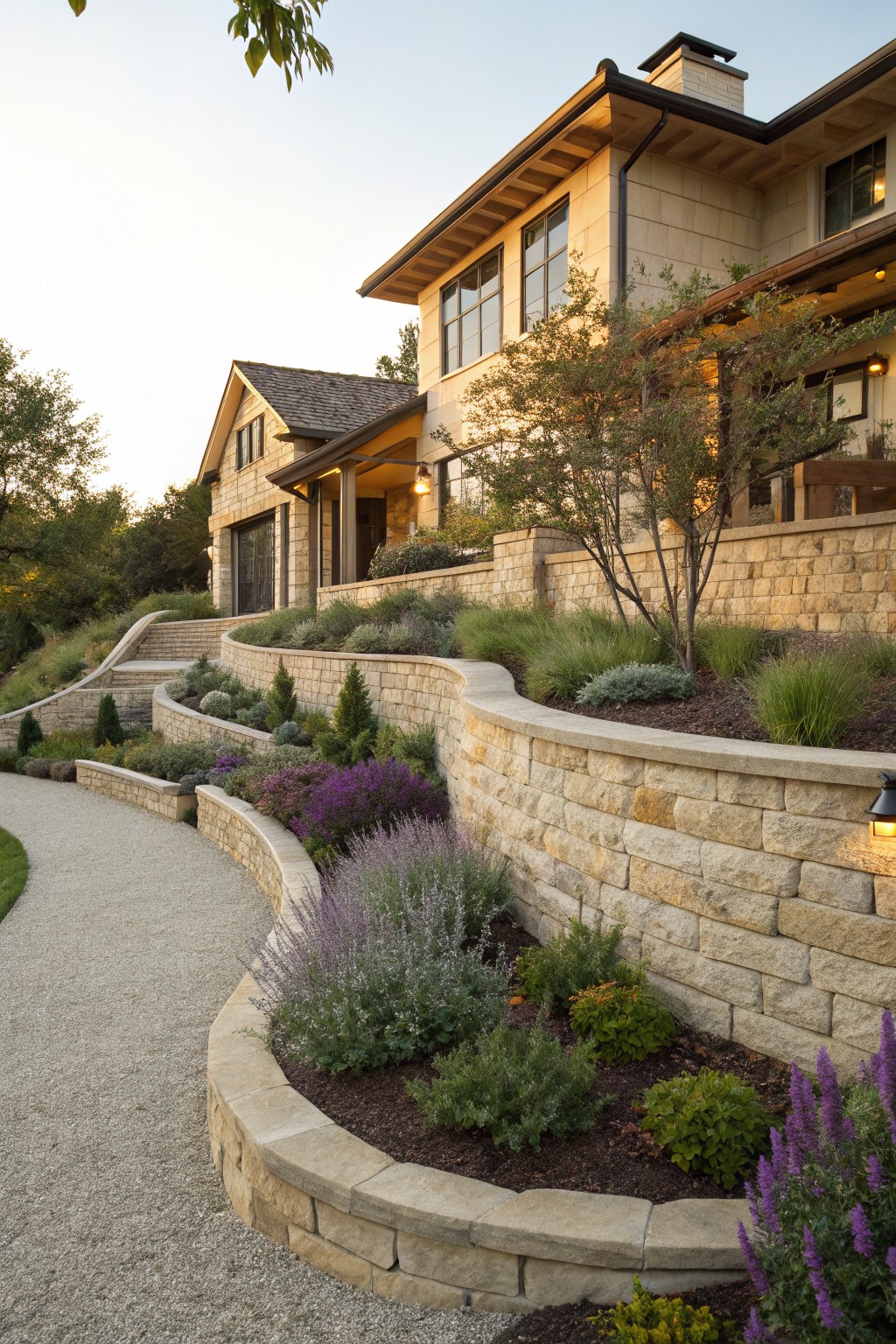 Curved beige stone retaining walls terracing a sloped front yard with layered plants including lavender and grasses, a winding gravel path, and a contemporary house above.