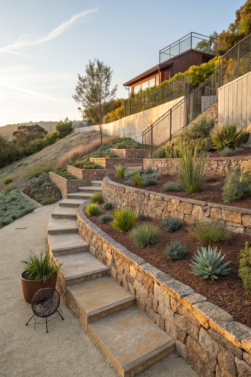 Sloped front yard with curved dry-stacked stone retaining walls forming terraces planted with agave, grasses, and succulents, wide curving concrete steps leading uphill, a potted plant and metal chair at the bottom, black metal railings higher up, and a modern wood-clad house on the hilltop at sunset.