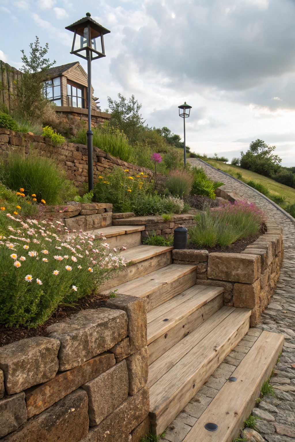 Sloped garden with wooden steps integrated into stone retaining walls, surrounded by colorful flowers, grasses, and shrubs, with lanterns and a curving pebble path nearby.