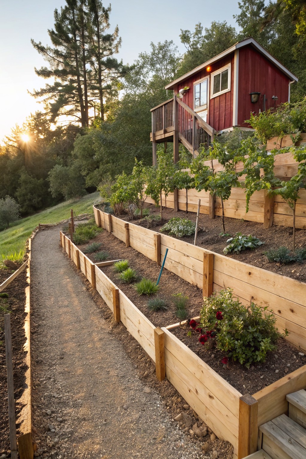 Sloped yard with multiple tiers of wooden raised garden beds containing grapevines, flowers, and plants, a gravel path winding uphill, and a small red shed on a deck at the top amid trees at sunset.