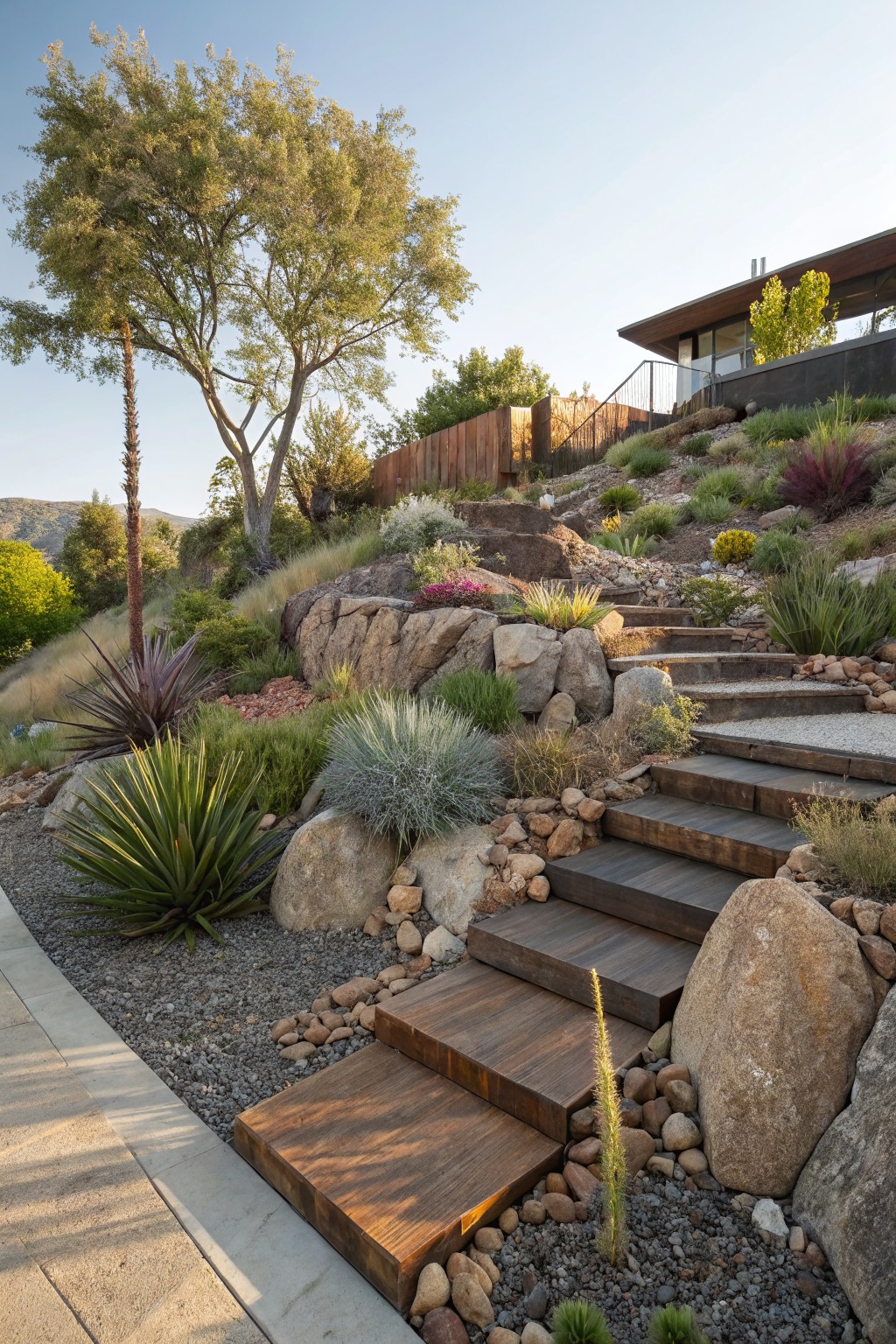 Sloped front yard with wide dark wooden steps integrated among large boulders, gravel, and drought-tolerant plants including agaves, grasses, and shrubs, ascending toward a modern wood-clad house under a clear sky.
