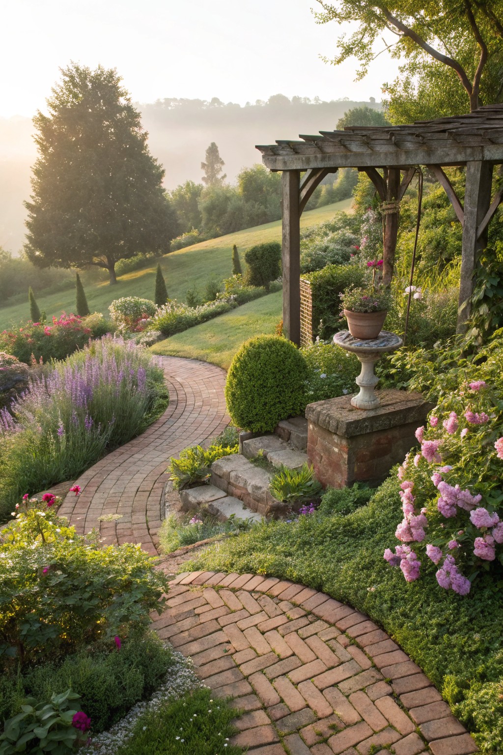 A curved red brick pathway winds through a terraced hillside garden filled with lavender, roses, boxwood shrubs, and perennials, under a wooden pergola with mist in the background.