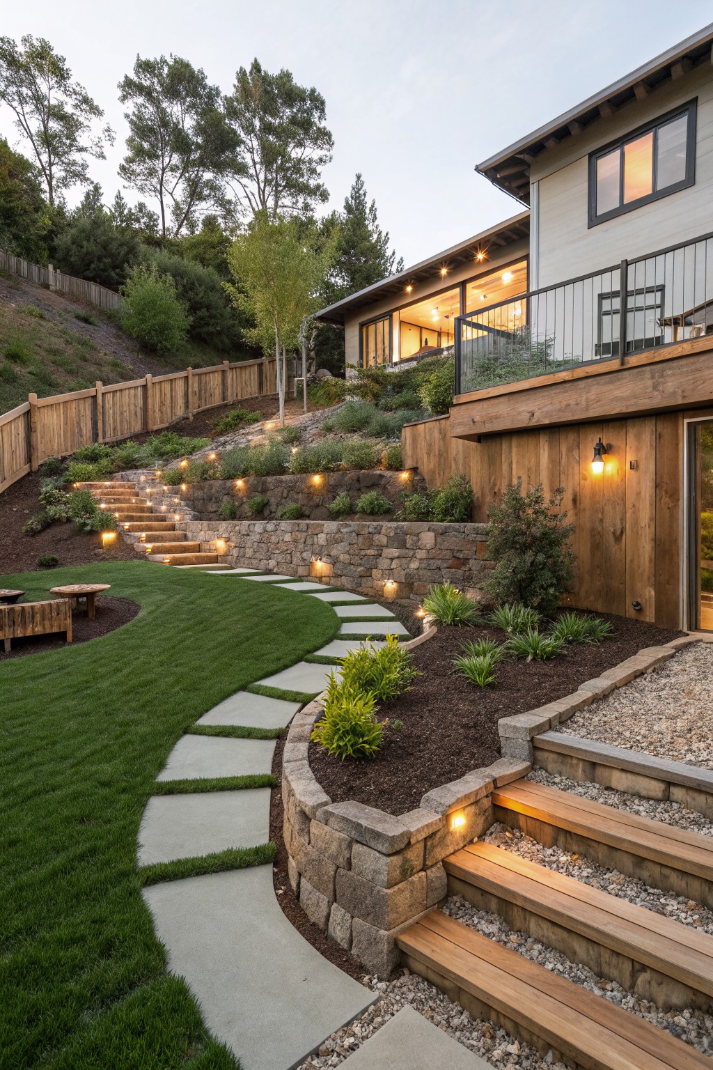 Sloped backyard landscape with curved concrete paver path in grass, stone retaining walls, wooden steps, integrated low-voltage lighting, plants, gravel areas, and a modern house deck above.