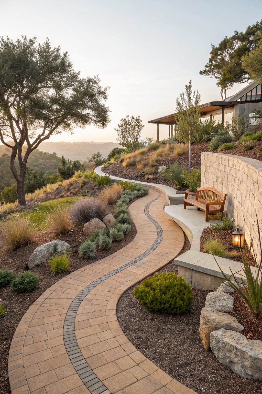 Curving orange brick paver path with dark borders winds uphill through a sloped yard planted with grasses, shrubs, succulents, and boulders beside a stone retaining wall holding a wooden bench and lantern.
