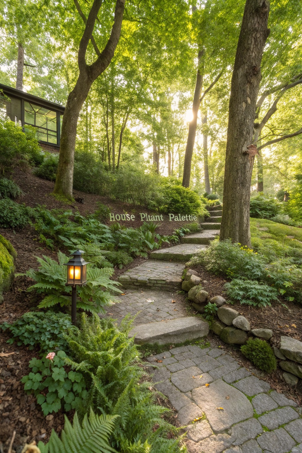 Stone pathway with steps winds up a green forested slope planted with ferns, mossy rocks, and shrubs, leading toward a small glass-walled house, with a lantern light beside the path.