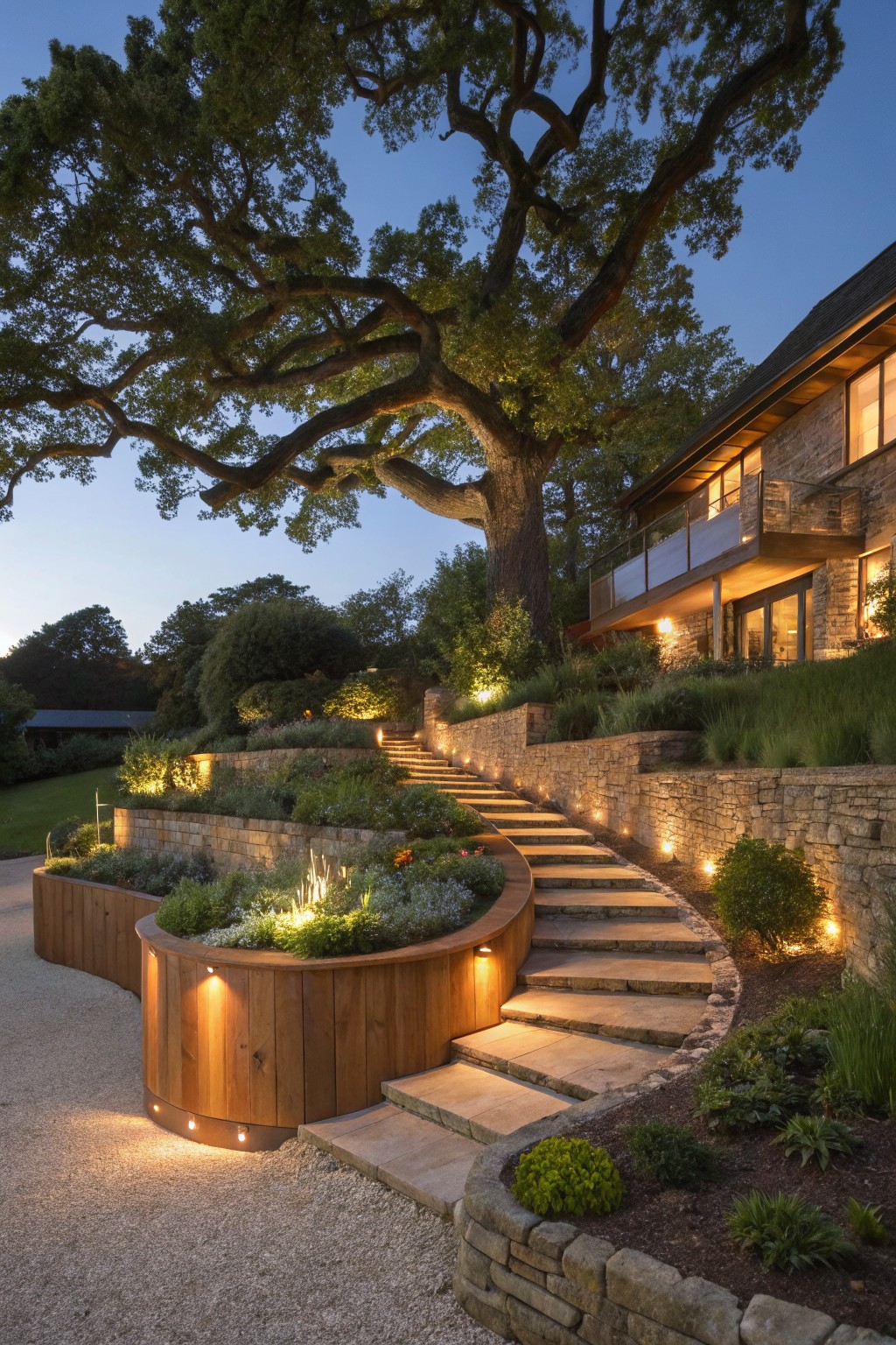 Curved stone steps with integrated lighting wind up a sloped front yard, flanked by stone retaining walls, wooden planters filled with plants, gravel paths, and lush greenery leading to a house at dusk under a large tree.
