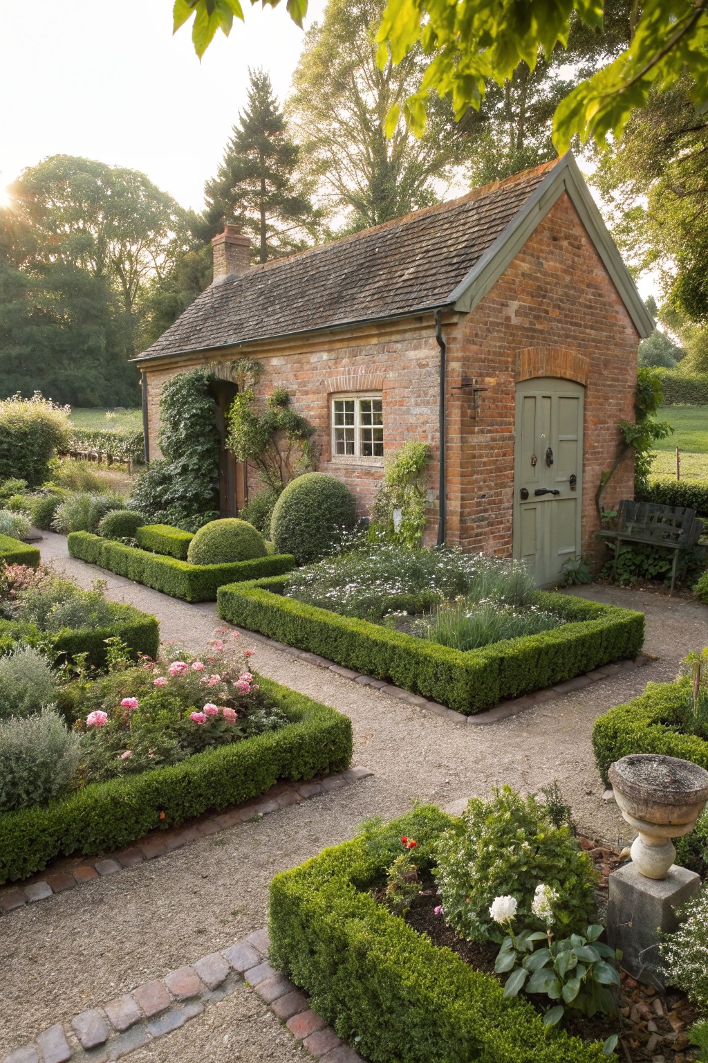 Small brick garden shed with green door and window, surrounded by rectangular boxwood hedges enclosing flower beds with roses, perennials, and gravel paths in a formal garden layout.
