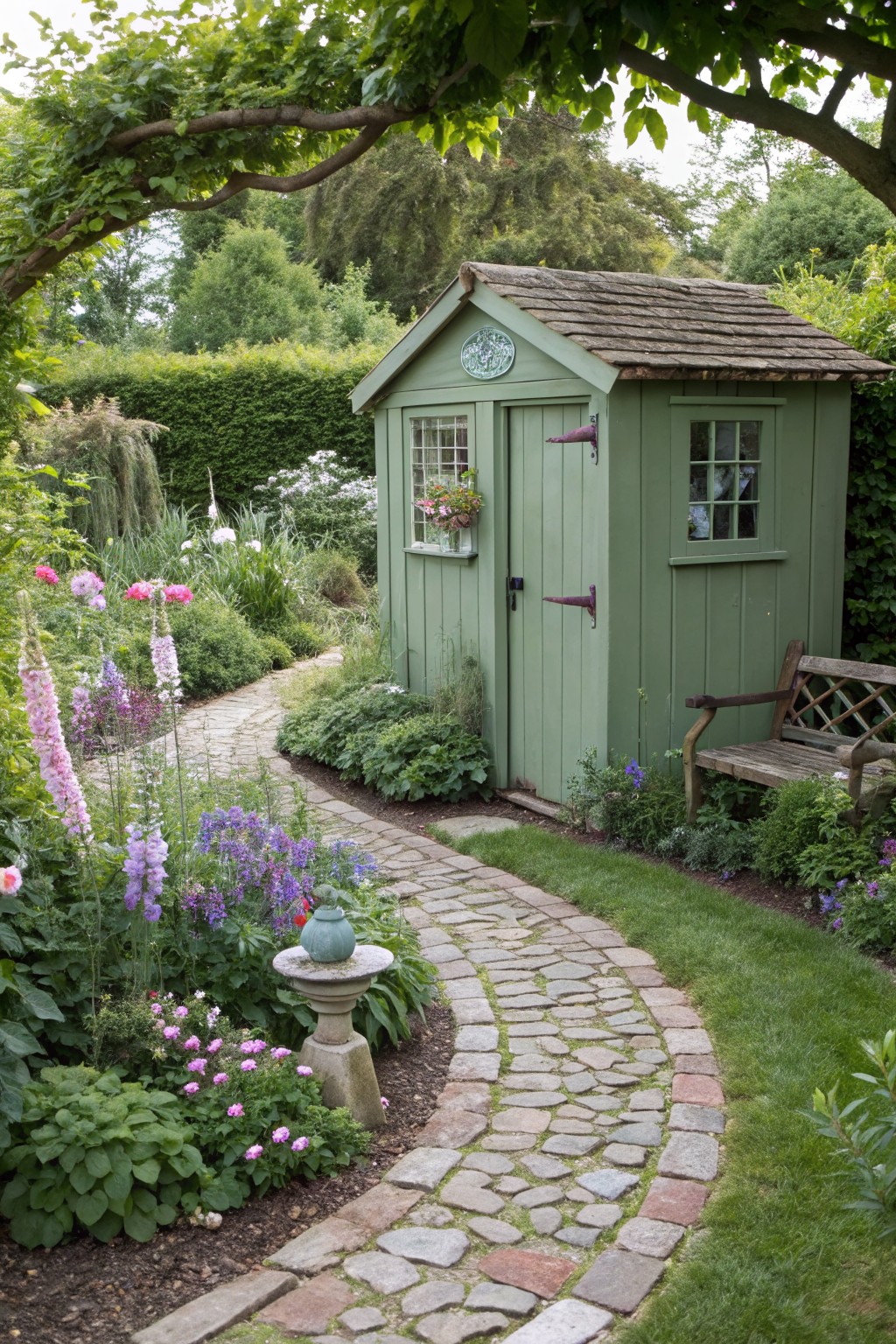 Green wooden garden shed with a flower box in the window, flanked by colorful perennials including pink foxgloves and purple delphiniums, with a curving cobblestone path leading to the door and a wooden bench nearby.