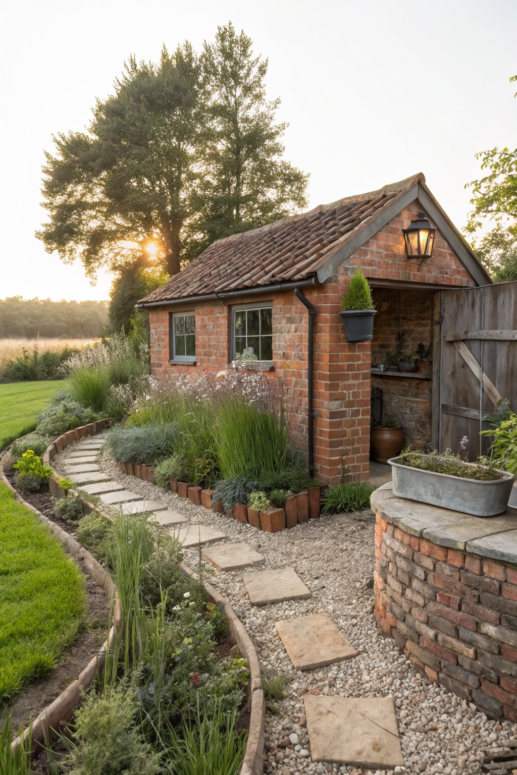 Rustic brick shed with tiled roof and open wooden door, approached by curved gravel path with stone pavers, bordered by flower beds containing grasses and plants, brick edging, lawn, and trees in background at sunset.