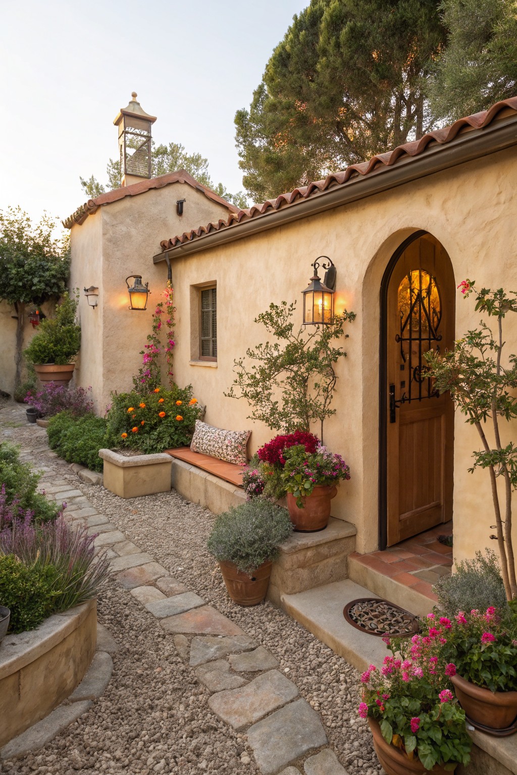 Beige stucco shed with red tile roof, arched wooden door with metal grille, and lanterns, approached by curved stone path through gravel bordered by raised planters, flower beds, potted plants, and shrubs in late afternoon light.