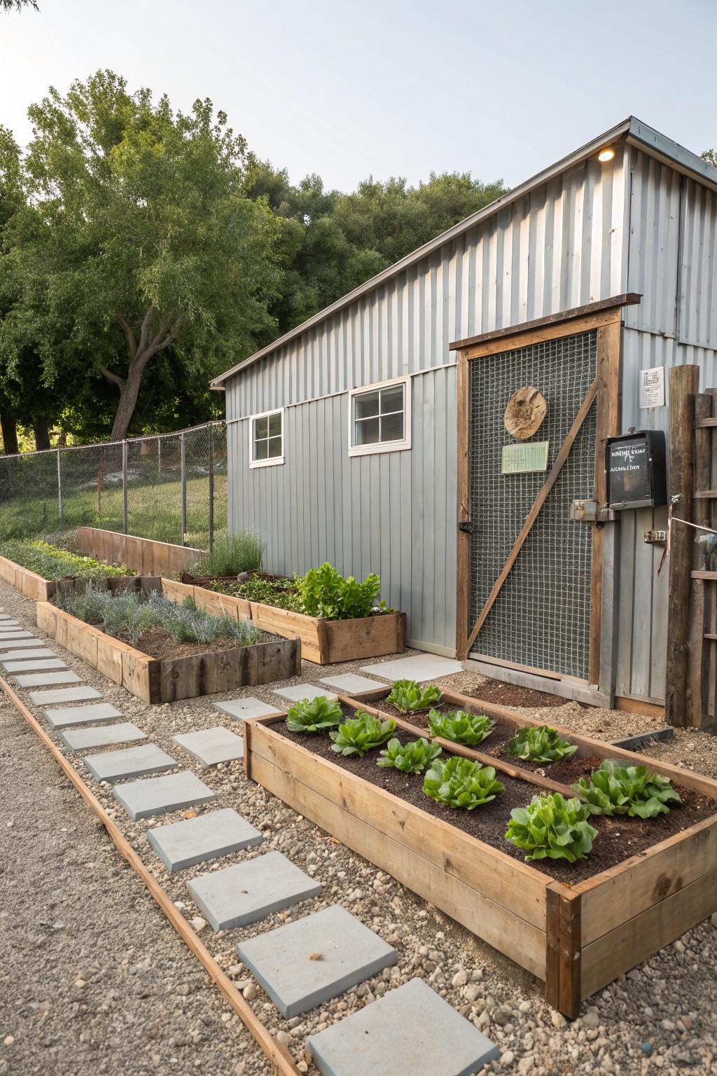 Corrugated metal shed with wire mesh door and wooden frame, surrounded by multiple wooden raised garden beds planted with lettuce and other greens, gravel ground with concrete stepping stone path, chain link fence and trees in background.