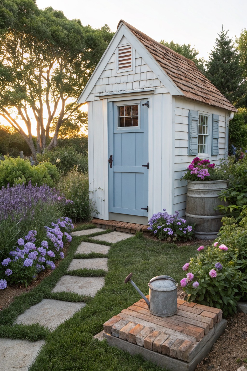 Small white shingled shed with blue door and shutters in a garden surrounded by flower beds of purple lavender and pink asters, a galvanized watering can on a brick base, and an irregular stone paver path leading to the door amid green lawn and trees at sunset.