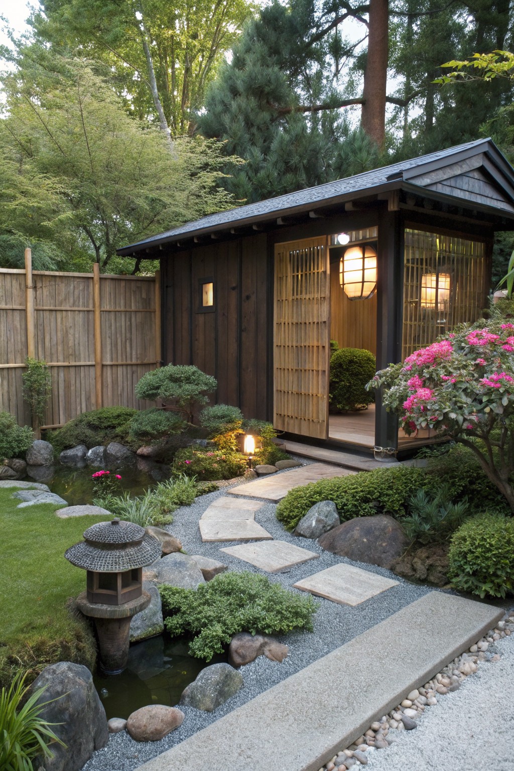 Dark wooden shed with open shoji doors and lanterns in a Japanese-style garden, featuring a winding stone path, gravel borders, small pond with rocks and lilies, bonsai trees, rhododendrons, and bamboo fencing amid greenery.