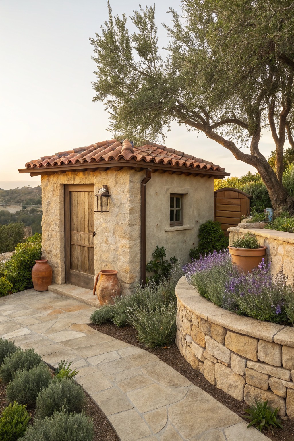 Small stone garden shed with wooden door and red tile roof beside a curved sandstone retaining wall planted with lavender, terracotta pots on ground, flagstone path, and olive trees on a hillside.