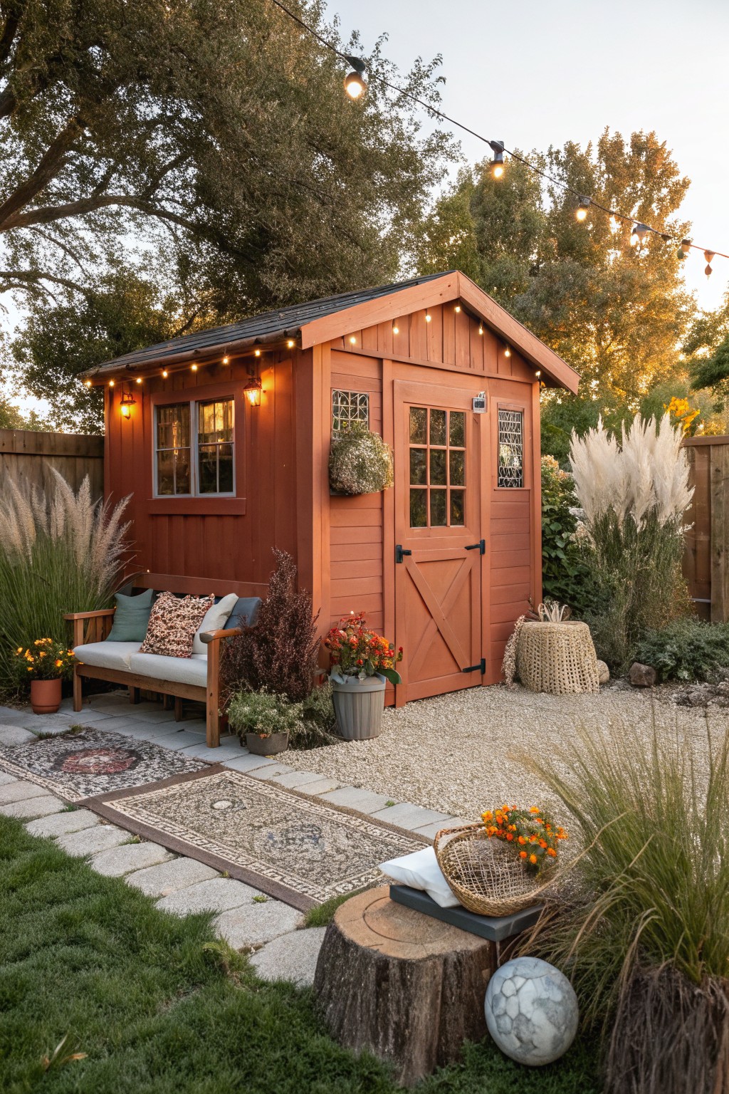 Red wooden shed with double doors and windows, flanked by tall pampas grass, surrounded by gravel path, wooden bench with cushions, flower pots, and garden ornaments in a backyard with string lights overhead.