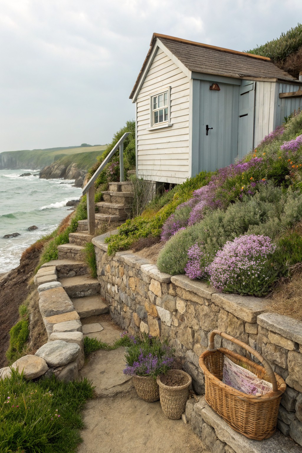 A small wooden shed on a grassy cliff overlooking the ocean, accessed by curving stone steps and tiered retaining walls planted with purple and pink flowers, lavender pots, and a wicker basket at the bottom.