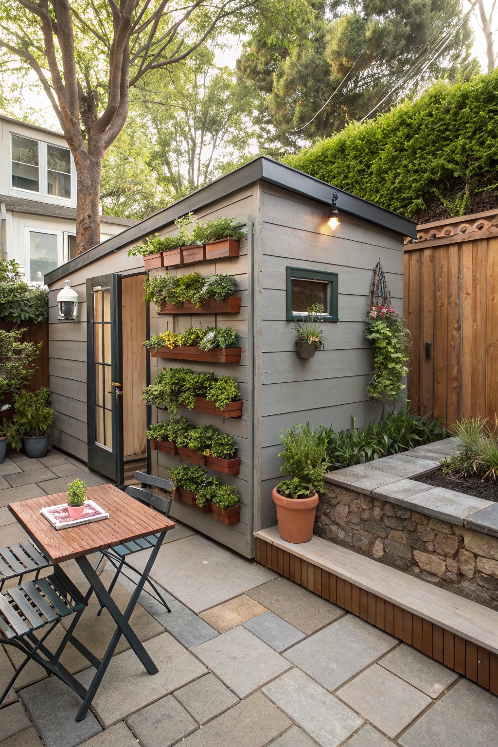Gray clapboard shed with multiple stacked wooden planters filled with green foliage on its exterior wall, open side door, small wooden table with chairs on adjacent paved patio, potted plants, stone retaining wall, and wooden fence.