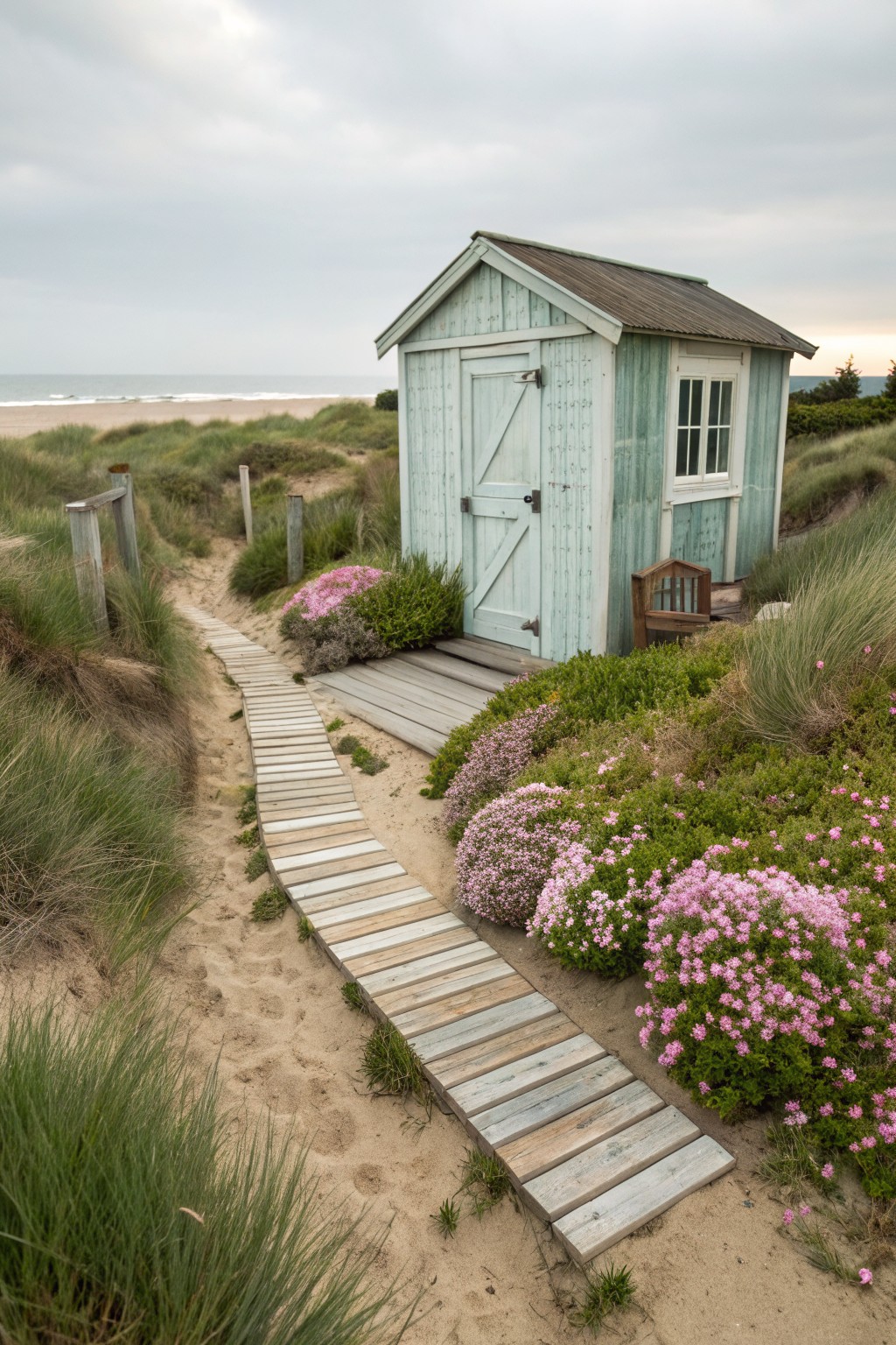 Small turquoise wooden shed amid sand dunes near beach, with weathered wooden boardwalk path leading to blue door, surrounded by dune grasses and clusters of pink flowers.