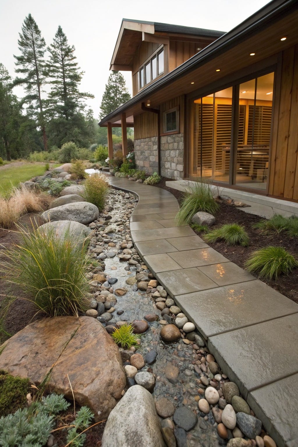 Curved concrete paver pathway beside a dry creek bed lined with river rocks and large boulders, surrounded by ornamental grasses, leading to a wood and stone house foundation.