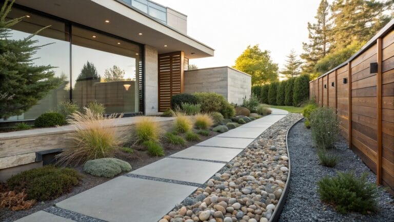 Concrete walkway edged by a curved trench of mixed gravel and rocks with ornamental grasses, shrubs, and boulders along the stucco and wood foundation of a modern house, wooden fence and trees nearby.
