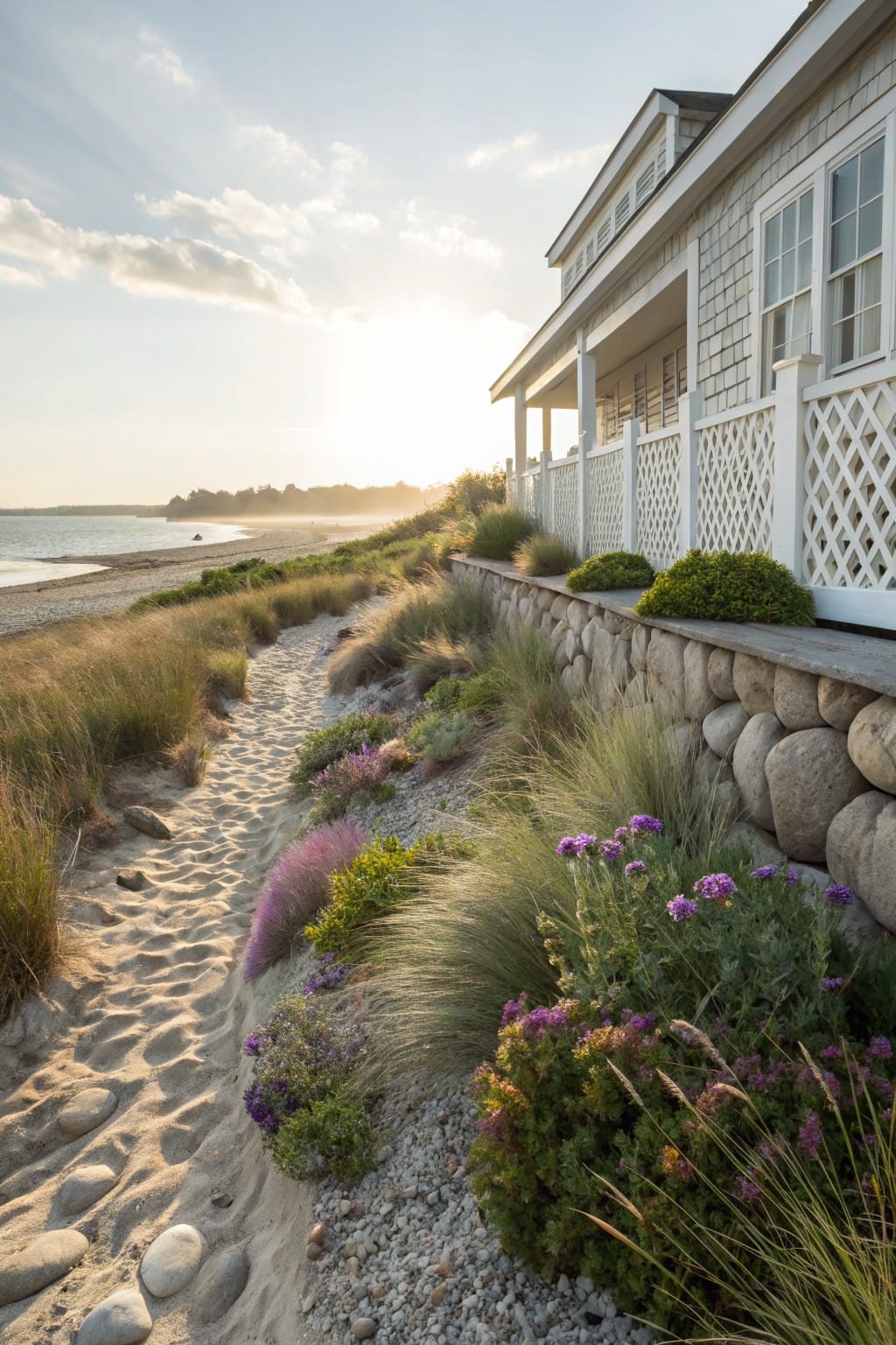 Elevated white shingled beach house above a fieldstone retaining wall edged with grasses, purple flowers, and a sandy path leading down to the ocean at sunset.