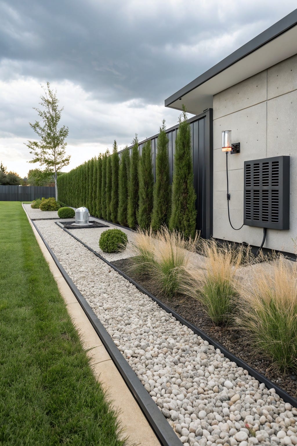 Modern gray concrete house wall with black AC vent unit integrated into white pebble and black gravel landscaping beds edged in dark metal, featuring ornamental grasses and shrubs along a green lawn edge under cloudy skies.