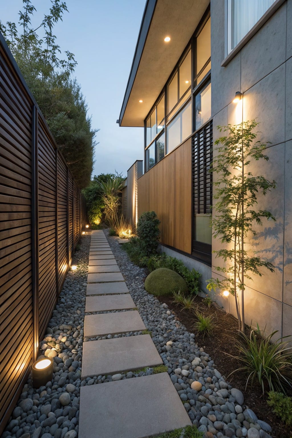 Side view of modern house exterior featuring a pathway of irregular concrete pavers set into gravel beds lined with river rocks, flanked by wooden slat fence, small plants, mossy boulders, and low garden lights.