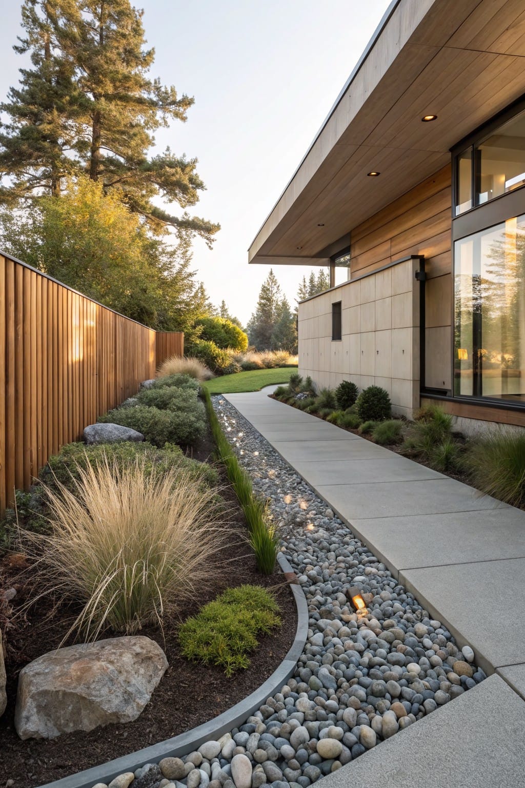 Concrete walkway edged by a curved trench of mixed gravel and rocks with ornamental grasses, shrubs, and boulders along the stucco and wood foundation of a modern house, wooden fence and trees nearby.
