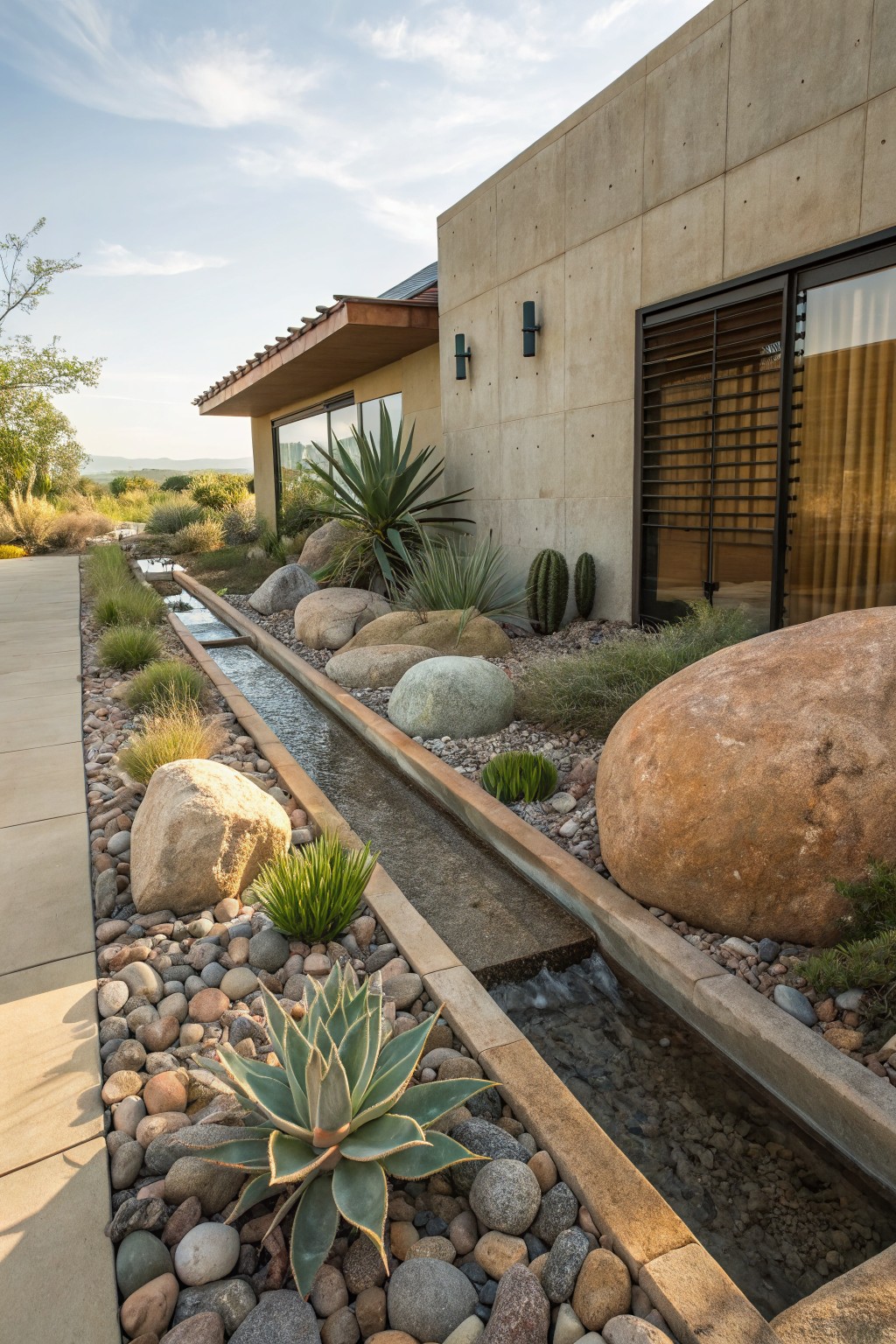 Modern house exterior with concrete walls, a narrow water channel lined with rocks along the foundation, large boulders, gravel mulch, succulents, agaves, and cacti in a desert landscape.