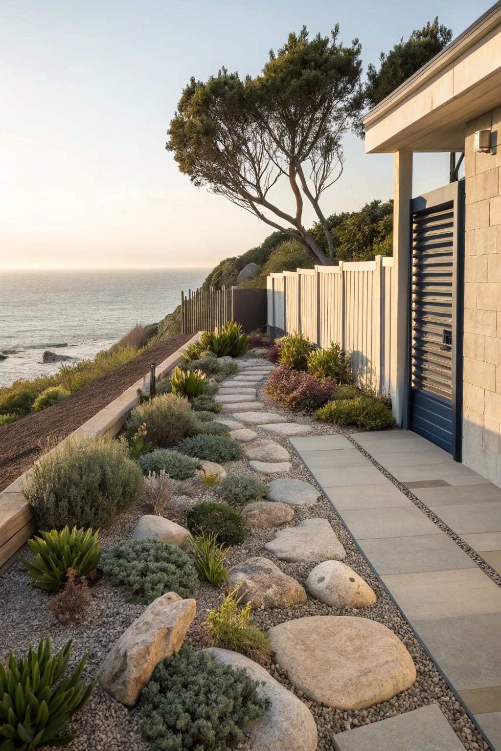 Winding gravel path edged with large boulders and irregular stepping stones amid drought-tolerant plants leading to a beige house wall with blue gate and ocean view in background.