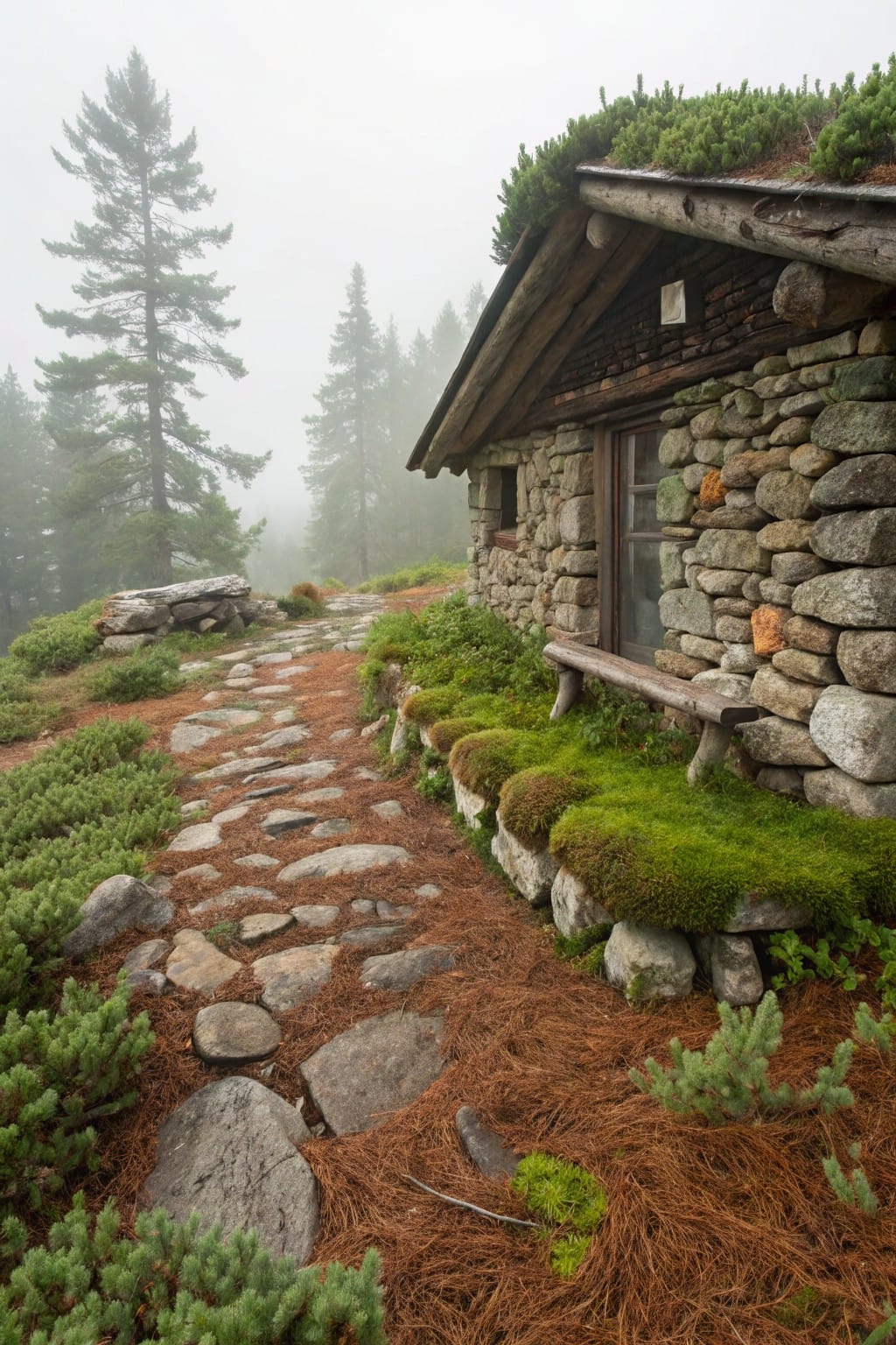 Misty stone cabin with sod roof and wooden bench beside the window, surrounded by mossy boulders, pine trees, shrubs, and a flagstone path on a rocky hillside.