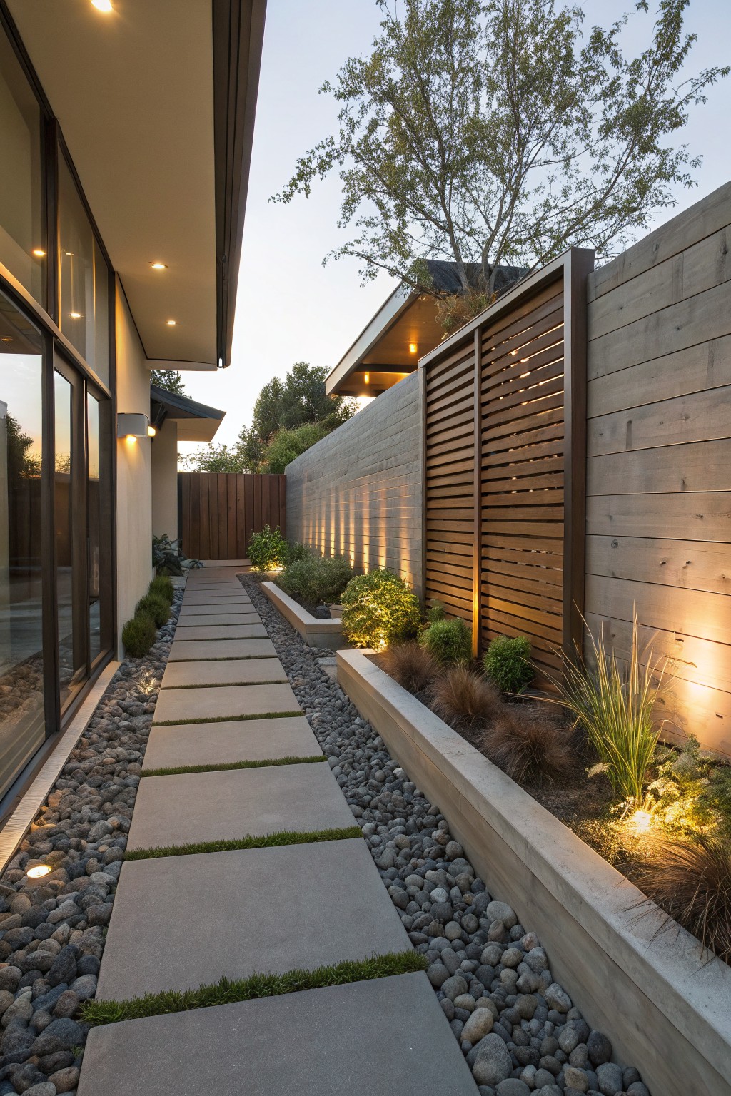 Concrete paver stepping stones along a side path next to a modern house, with river rock-filled planting beds containing grasses and shrubs, wooden slat fence, and low lighting.