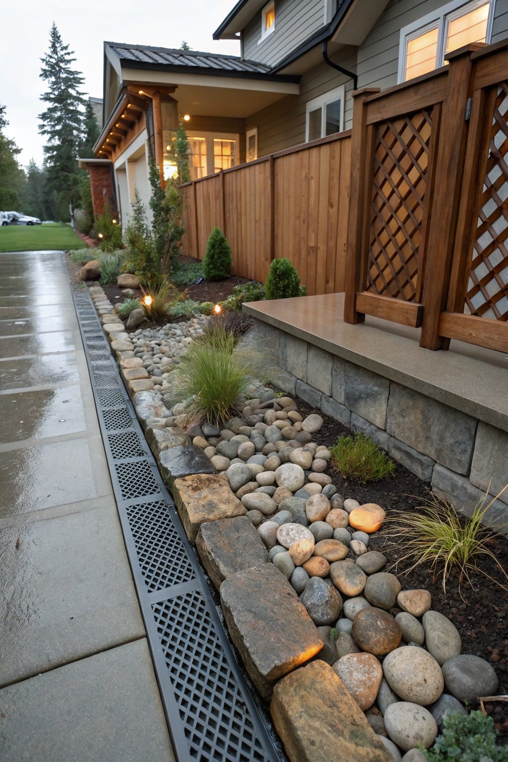 Landscaped house foundation area with rounded river rocks, boulders, ornamental grasses, stone retaining wall, and metal drainage grate along a wet concrete driveway and path.