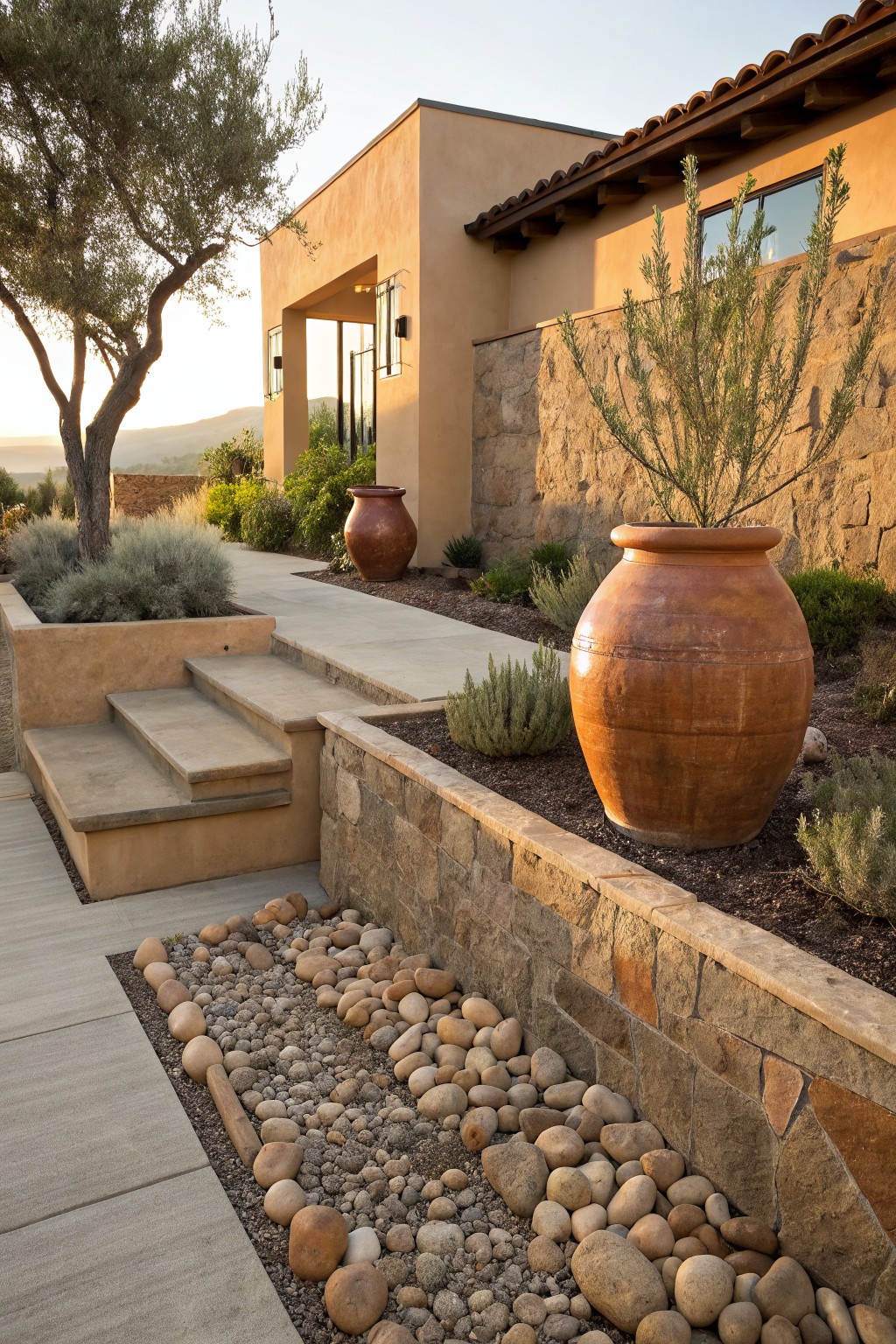 Beige stucco house exterior with stone retaining walls, concrete steps to entry, large terracotta pots with plants, desert shrubs, and a border of mixed river rocks along the foundation and walkway.