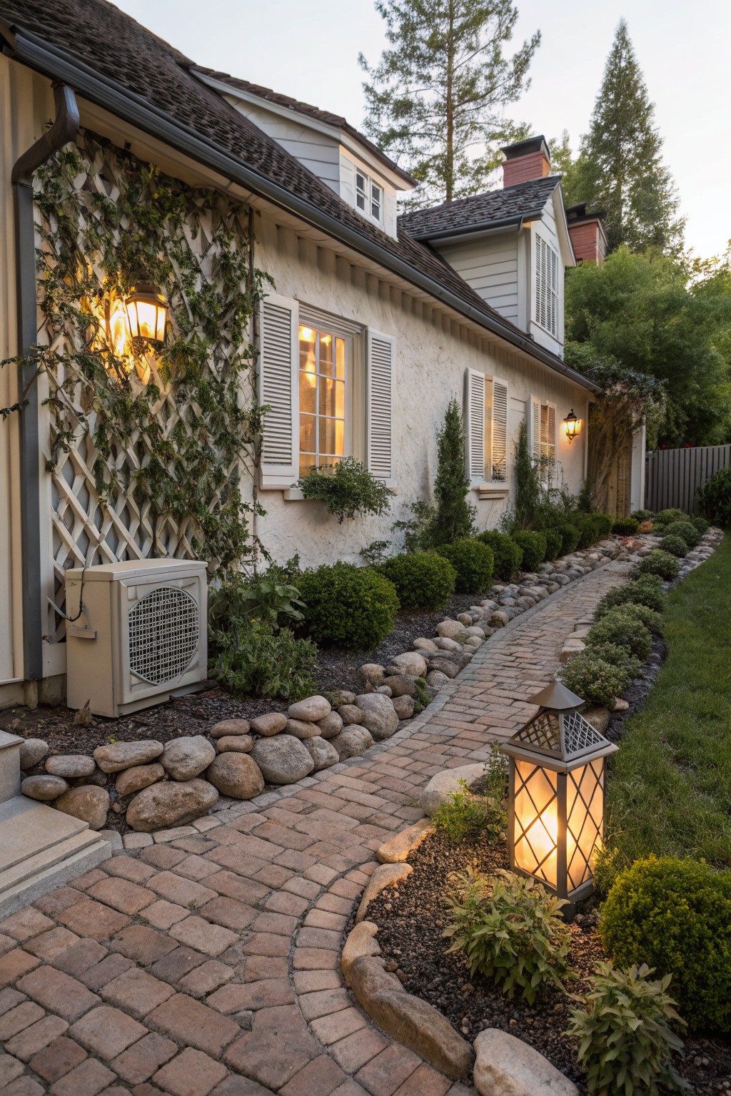 Side exterior of a beige house with ivy trellis, shuttered windows, and lit lanterns, featuring an AC unit surrounded by gravel and rocks, low shrubs, and a curving brick path edged with stones.