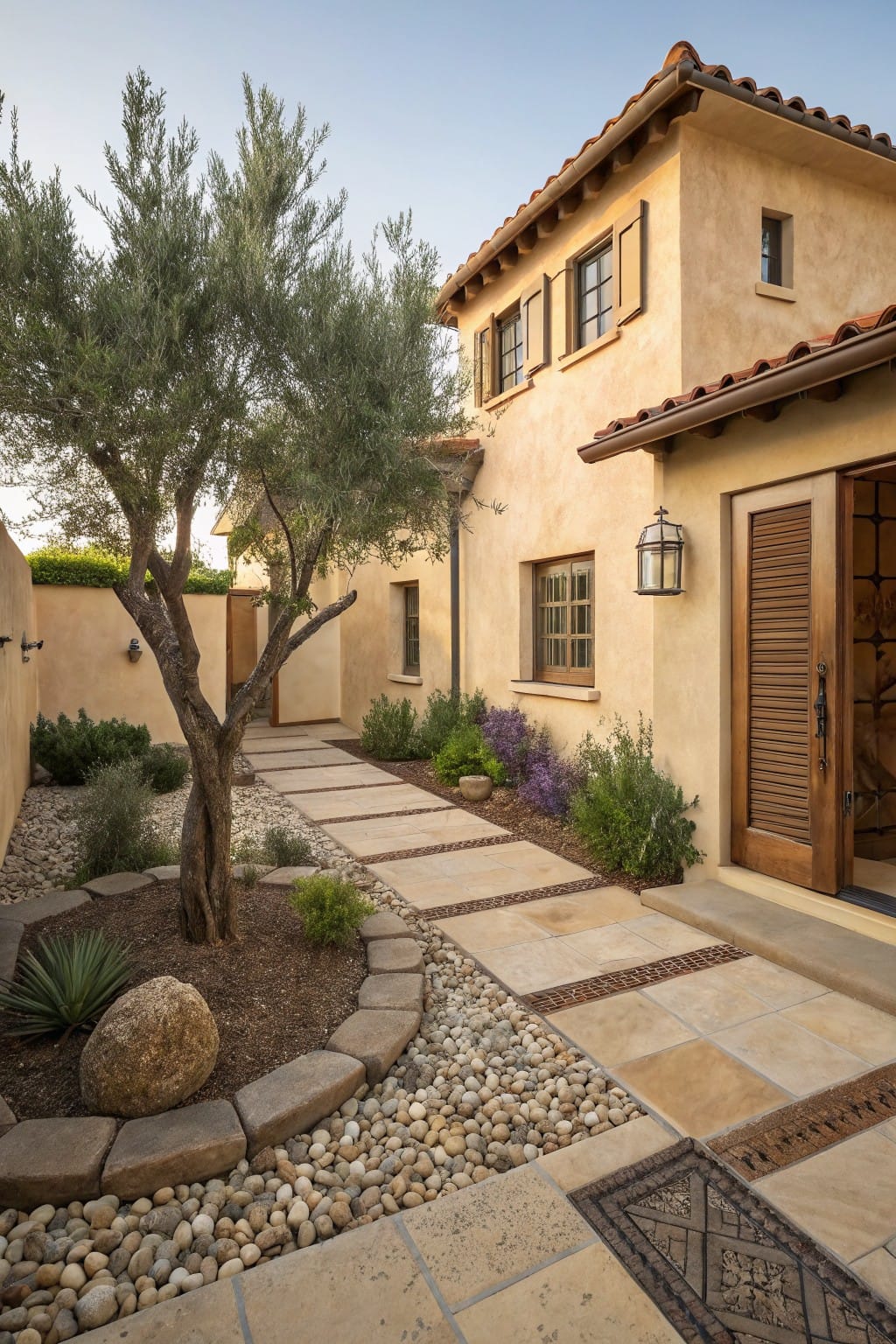 Beige stucco house with terracotta tile roof and wooden shuttered door, featuring a curved rock and gravel bed with olive tree and agave around the foundation, stone pathway leading to entry, low shrubs nearby.