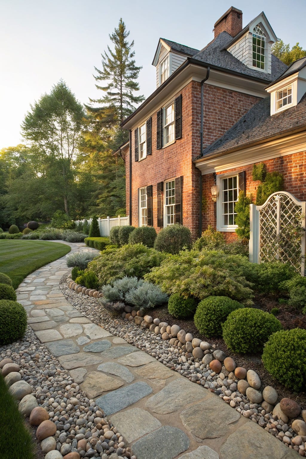 Brick house exterior viewed from the side with a curving flagstone path edged by pebbles, larger rocks, and low shrubs along the foundation amid a landscaped yard.