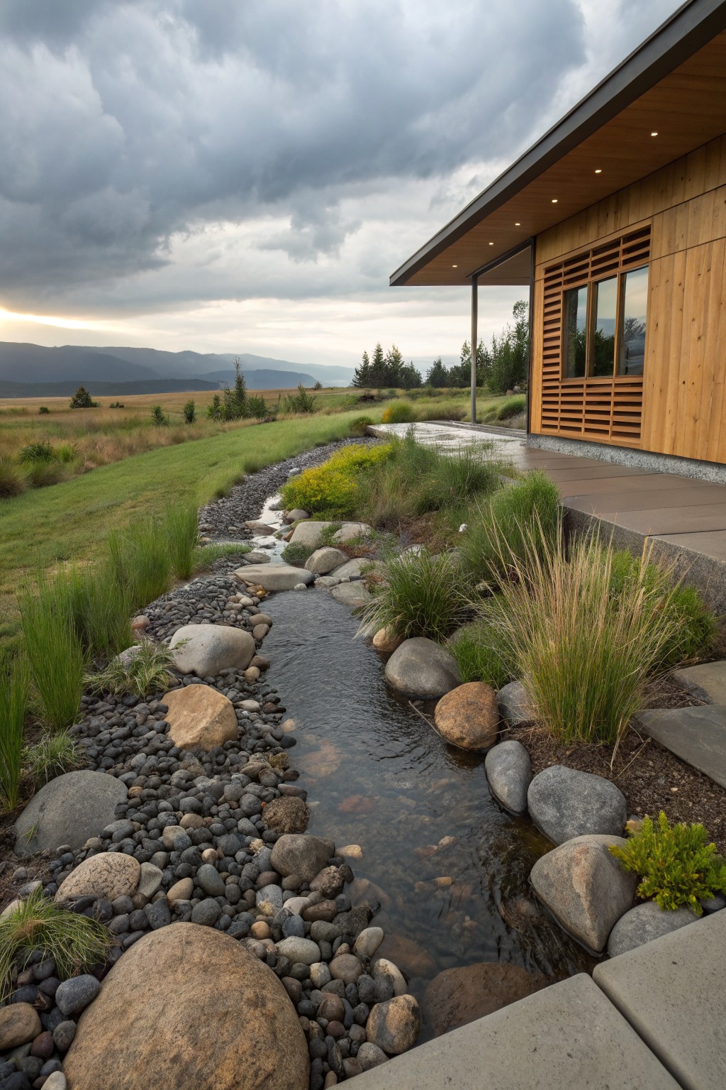 Wooden-clad modern house with a covered deck and large windows, next to a landscaped area featuring a narrow stream lined with large boulders, pebbles, and clumps of ornamental grasses flowing alongside the foundation, surrounded by fields and distant mountains under a cloudy sky.
